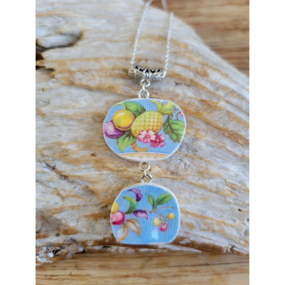Broken China Fruit & Flower Double Pendant Necklace with Chain